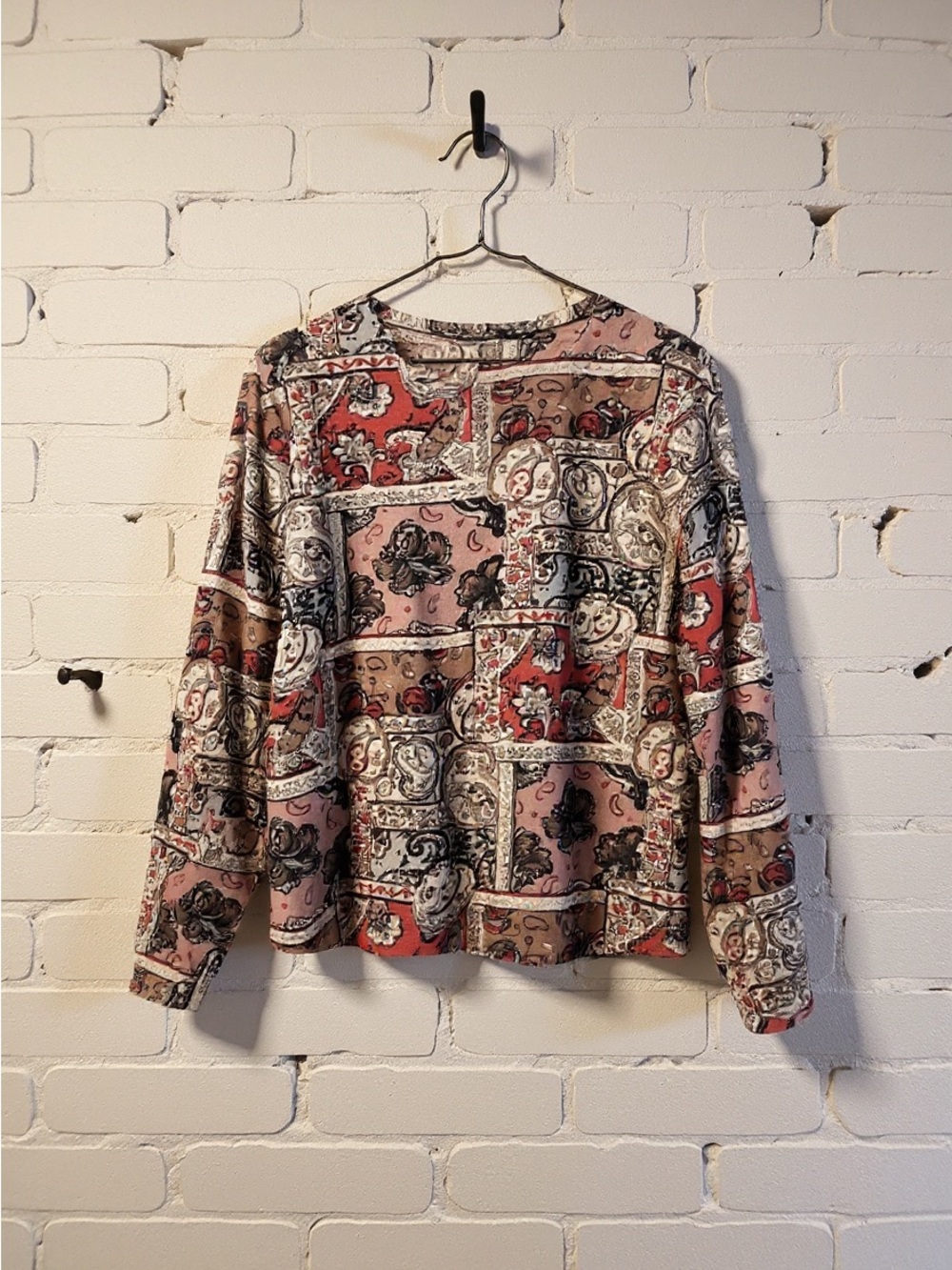 Vtg Paisley Persian Rug Print Batwing Dolman Sleeve Oversize Shirt Blouse Top S
